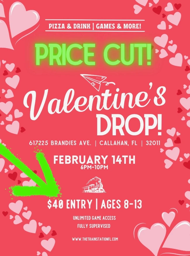 Valentine's Day kids drop off at family friendly fun center in Callahan, Florida.